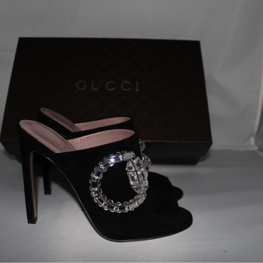 Gucci Maxime Black Suede Crystal Horsebit heel